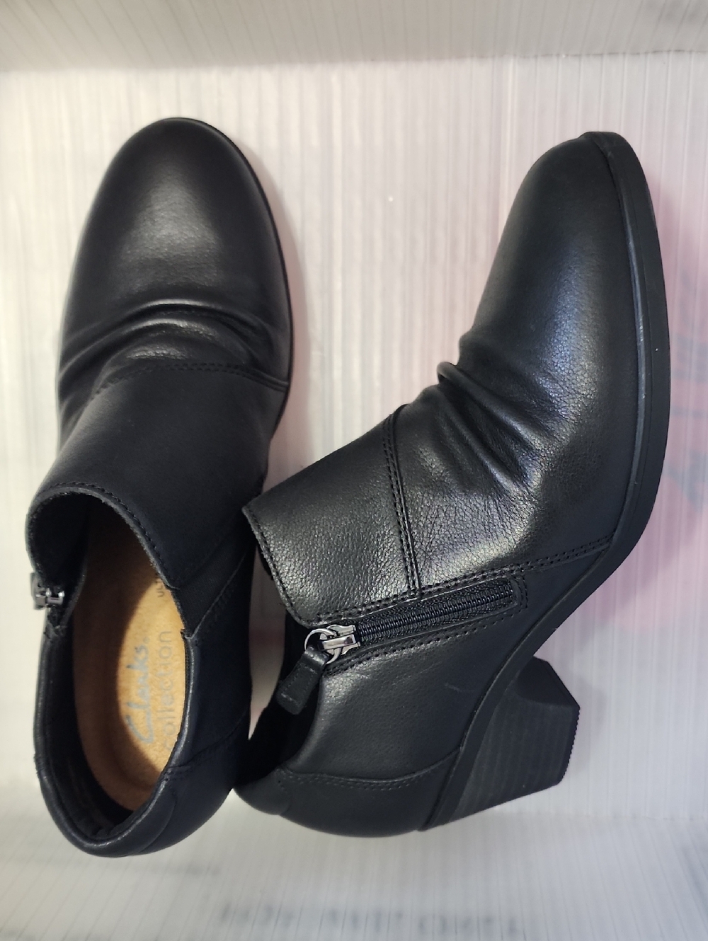 Clarks Black Leather Ankle Booties with Side Zip and Low Block Heel